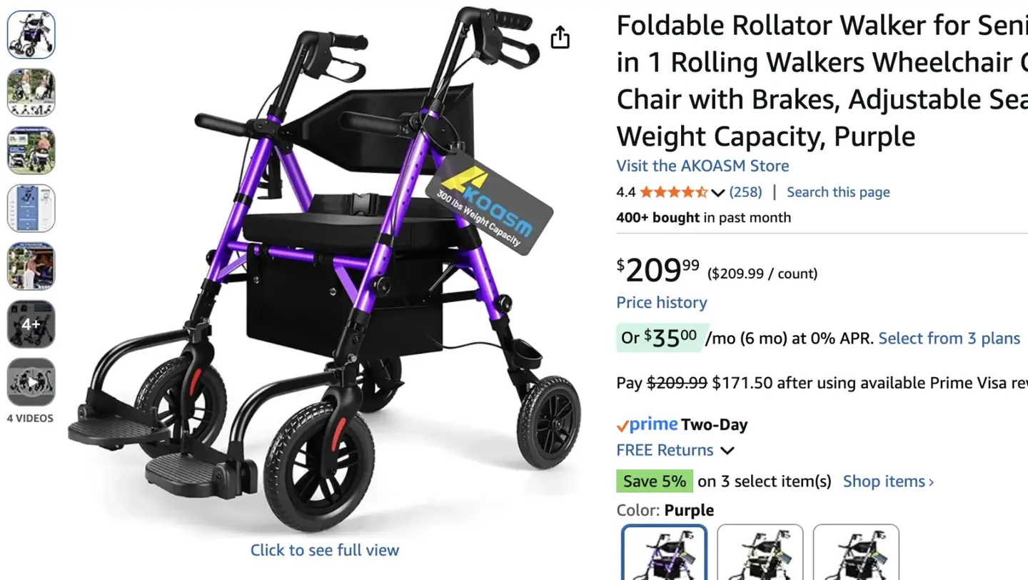 AKOASM's purple 2-in-1 rollator walker on Amazon - 4.4 stars with 258 reviews and 400+ bought in past month