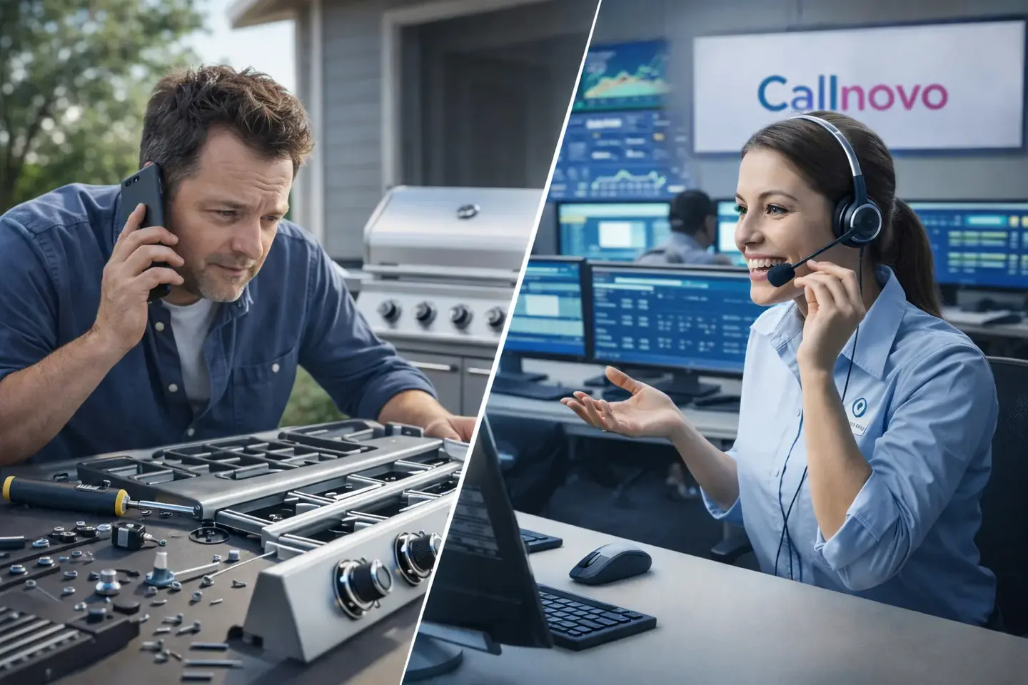 A BBQ customer calling for help while a Callnovo support agent assists from the contact center