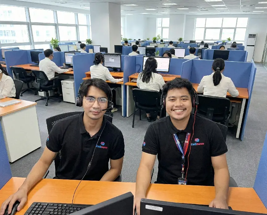 Callnovo operations floor with English-speaking customer support agents handling phone and message channels