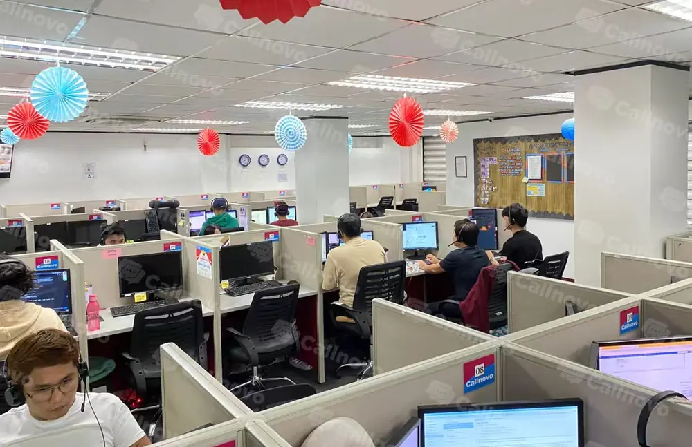 Callnovo operations floor with support agents managing customer conversations from multiple workstations