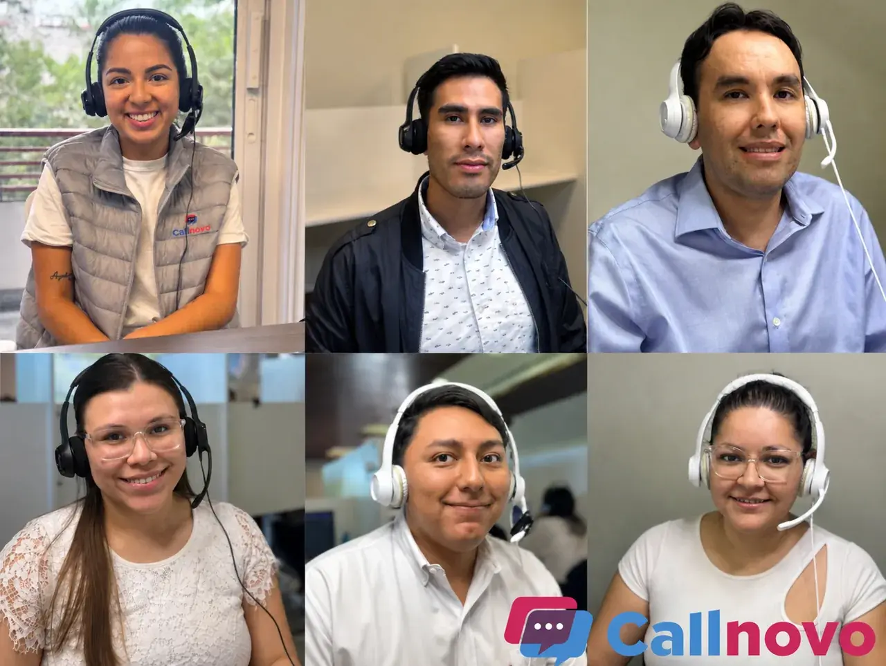 Callnovo customer support agents wearing headsets in a six-person team collage