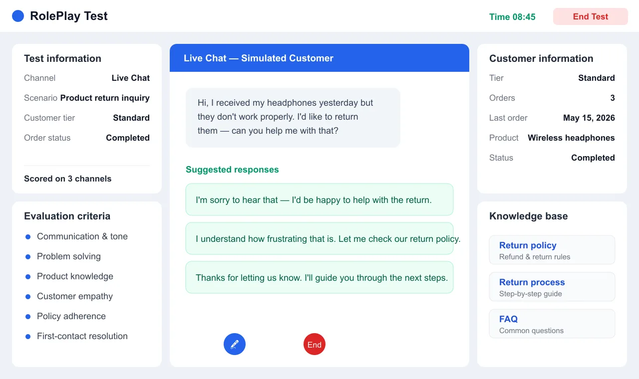 RolePlay Test interface: a live-chat simulation with a simulated customer, suggested responses, evaluation criteria, customer information, and a knowledge base panel