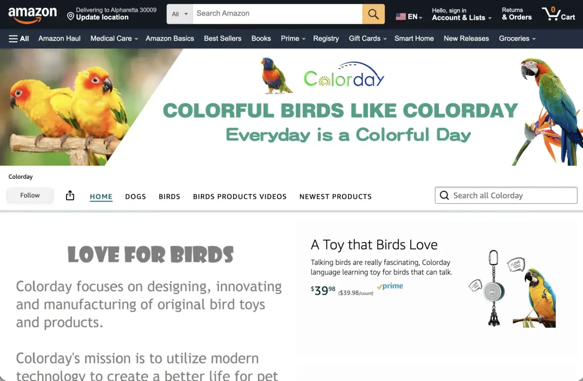 Colorday's Amazon storefront — one of the top-rated bird product brands with 30+ SKUs across bird baths, carriers, heaters, and cage accessories