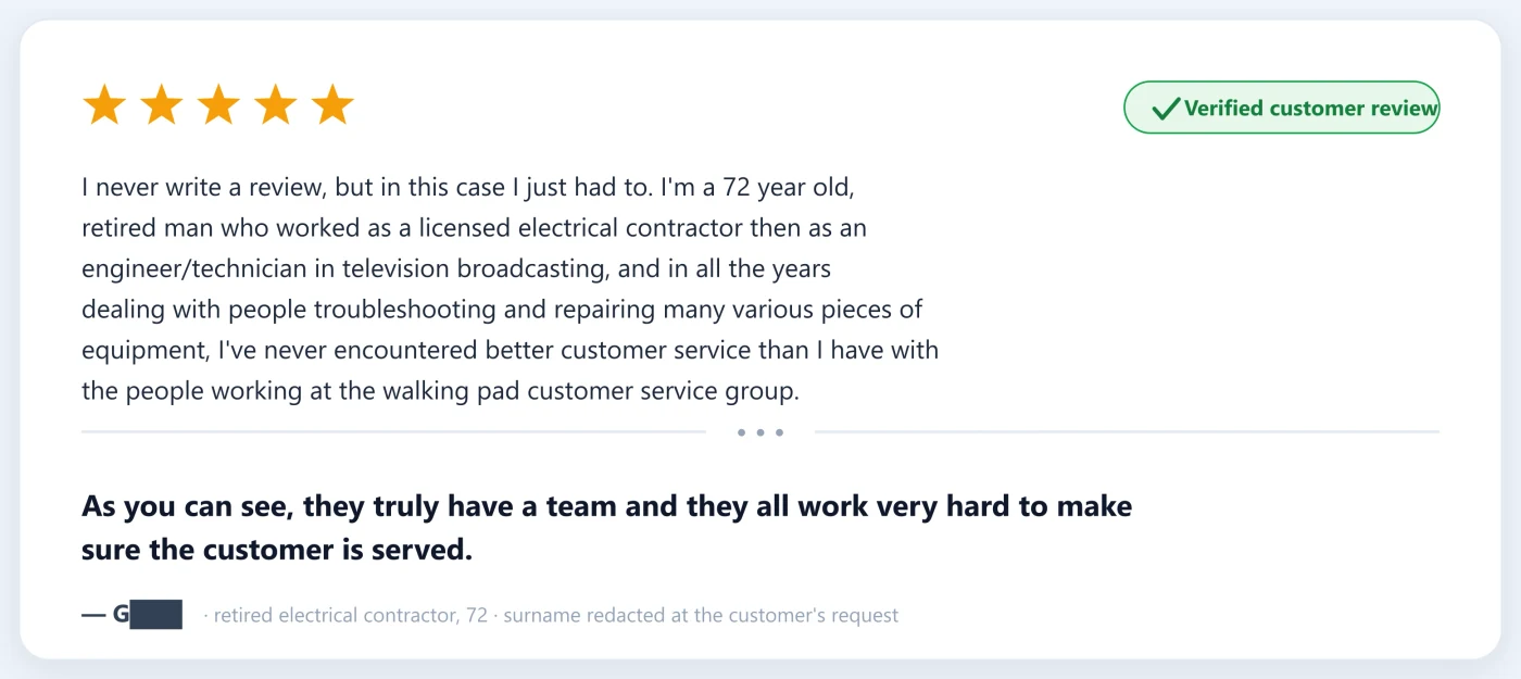 A five-star customer-review card: 'I never write a review, but in this case I just had to...' from a 72-year-old retired electrical contractor, closing with 'they truly have a team and they all work very hard to make sure the customer is served' — surname redacted