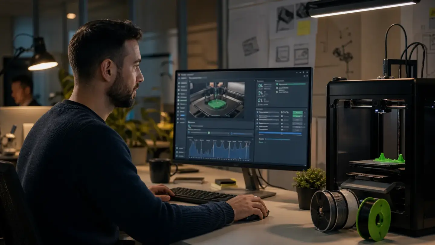 A German-language technical support specialist reviewing 3D printer troubleshooting data beside a test printer and filament spools