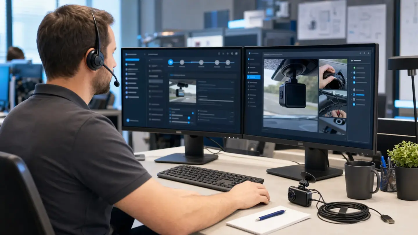 A German-language support specialist reviewing dashcam installation images and troubleshooting data on a customer support dashboard