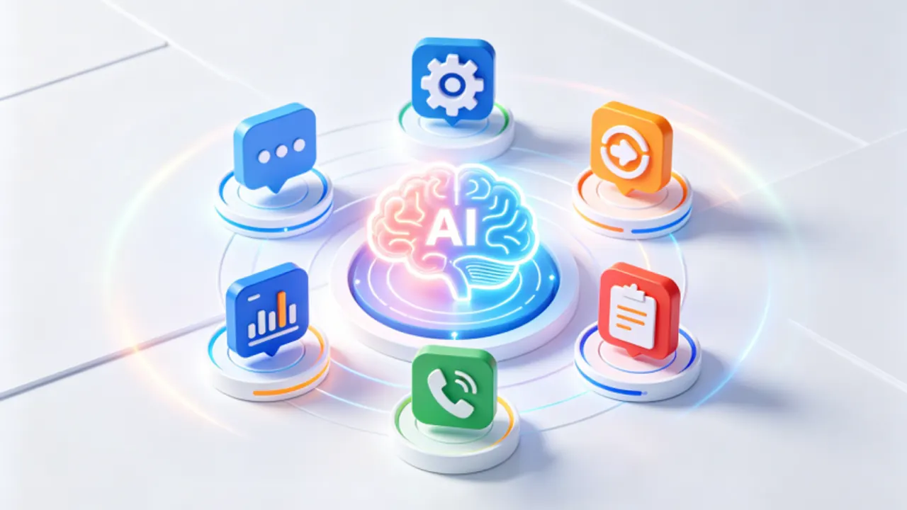 An AI core surrounded by six colorful icons representing the six HeroDash upgrades