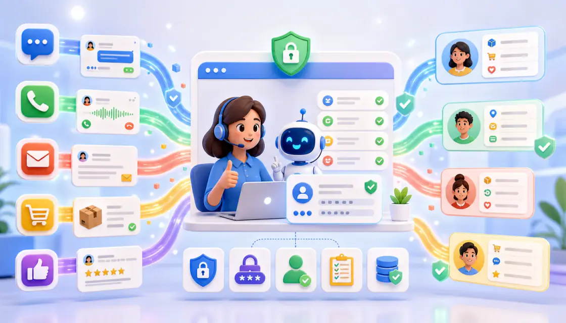 Colorful animated illustration of customer messages, orders, and support channels flowing into a secure AI-assisted workspace