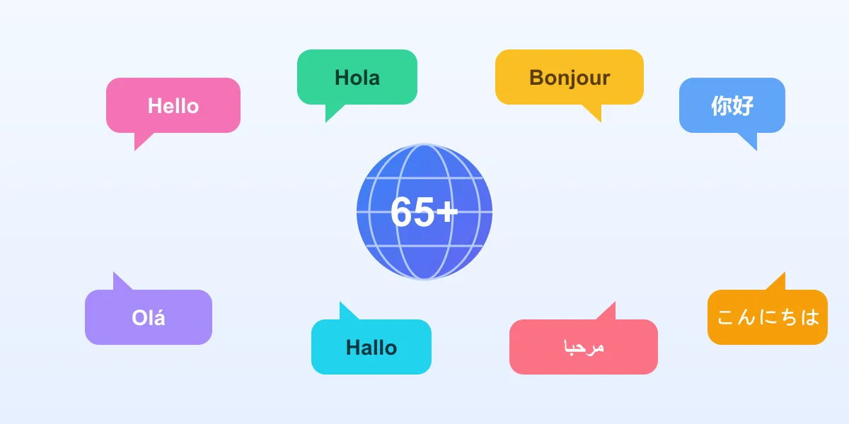 A globe labeled 65+ surrounded by greeting speech bubbles in many languages — Hello, Hola, Bonjour, 你好, Olá, Hallo, and more
