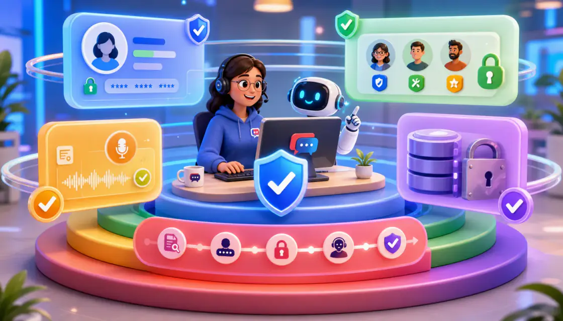 Colorful animated illustration of an agent and AI assistant protected by layered security controls, consent, encryption, and audit icons