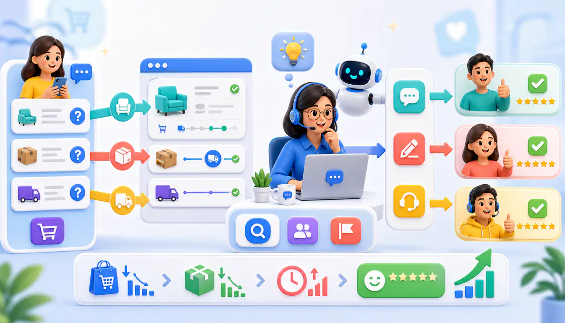 Colorful workflow illustration showing customer question, live order context, agent decision, update, escalation, and resolved outcome
