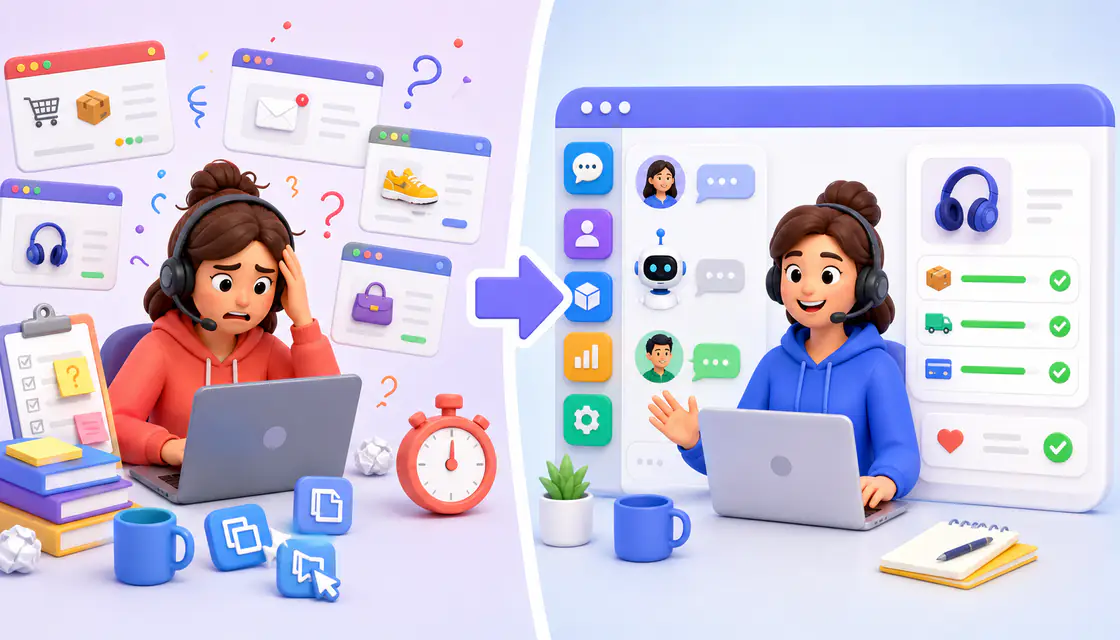 Colorful before and after illustration showing support tab switching replaced by one unified workspace