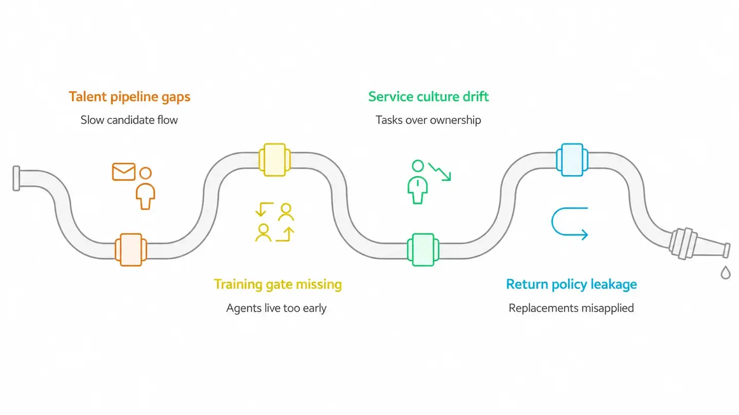 Process illustration showing four operational leaks in premium footwear support: talent pipeline gaps, training gate missing, service culture drift, and return policy leakage
