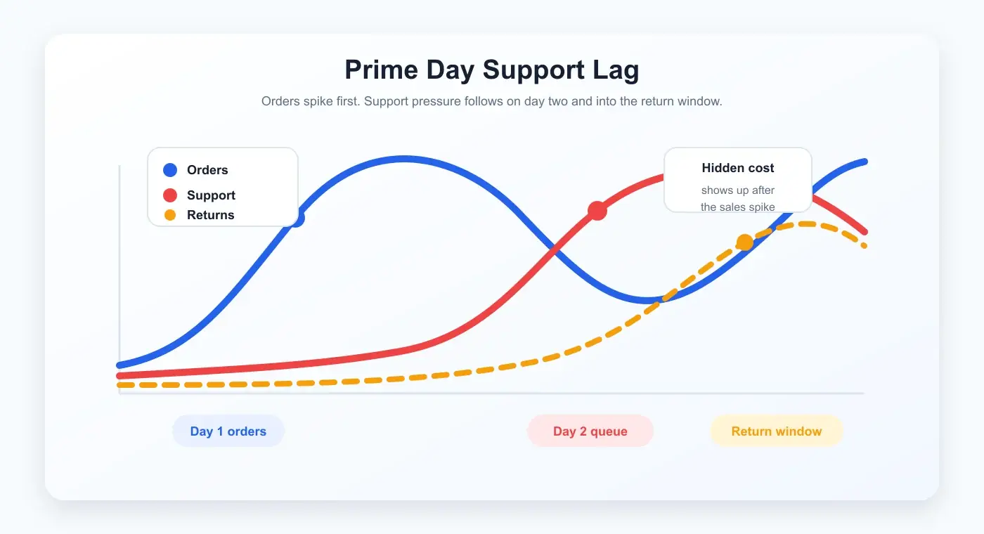 Prime Day support lag diagram showing orders spiking before support queue pressure and return-window costs
