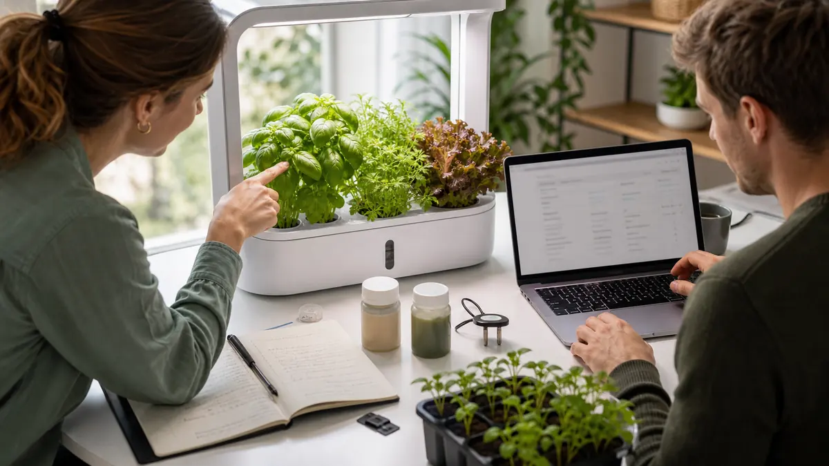 Specialist support team reviewing a smart indoor garden device, plant health symptoms, sensor behavior, and a blurred support ticket screen during onboarding