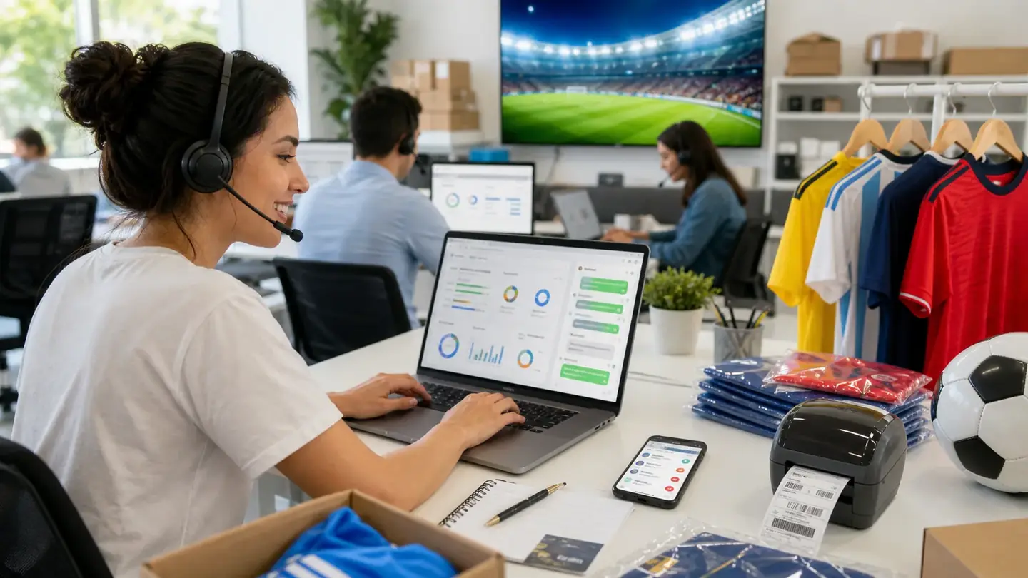 Ecommerce support operations desk with football merchandise, order dashboards, headset support, and shipping labels during a tournament sales spike
