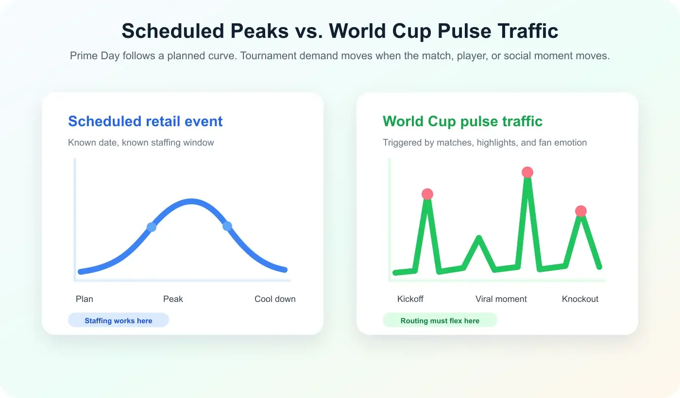 Bright chart comparing scheduled retail peaks with World Cup pulse traffic triggered by matches, highlights, and social moments